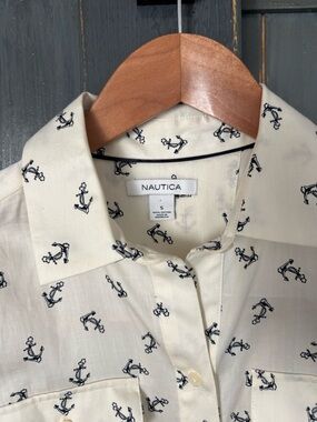 Nautica Cream Button-Up Shirt with Navy Anchor Print